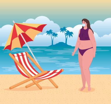 Sahilde sosyal mesafeler, tıbbi maske takan kadın, mesafeyi koru, Coronavirus veya Cvid 19 sonrası yeni normal yaz plaj konsepti.