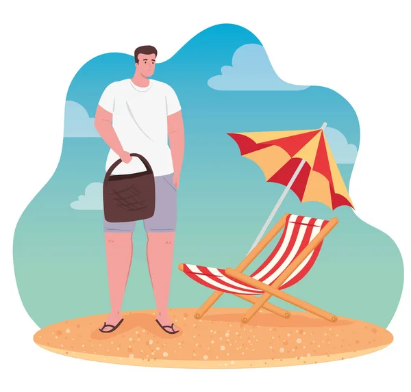Homem na praia, cara feliz com praia cadeira e guarda-chuva, temporada de férias de verão — Vetor de Stock