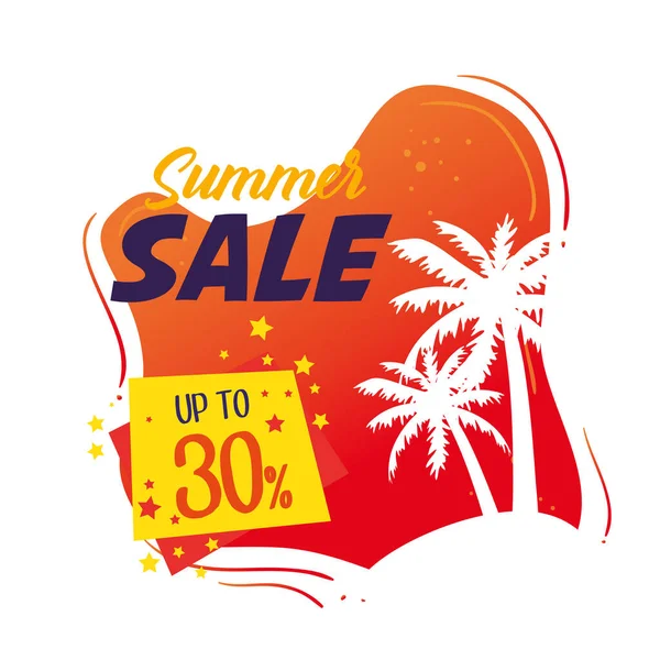 Zomer verkoop banner, seizoen korting poster met palmen silhouet, uitnodiging om te winkelen met de zomer verkoop tot dertig procent, speciale aanbieding kaart — Stockvector