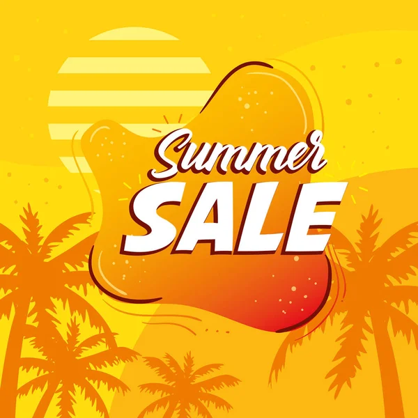 Banner de venda de verão, cartaz de desconto de temporada com silhueta de palmas, convite para fazer compras com etiqueta de venda de verão, cartão de oferta especial — Vetor de Stock