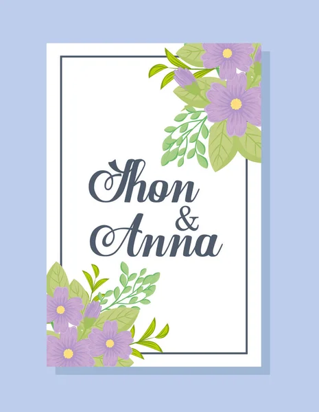 Grußkarte mit Blumen lila Farbe, Hochzeitseinladung mit Blumen lila Farbe mit Zweigen und Blättern Dekoration — Stockvektor