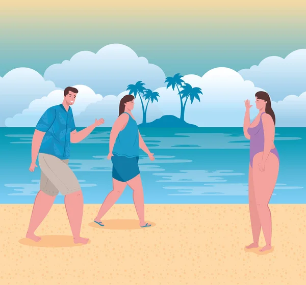 beach with people, women and man on the beach, summer vacations and tourism concept