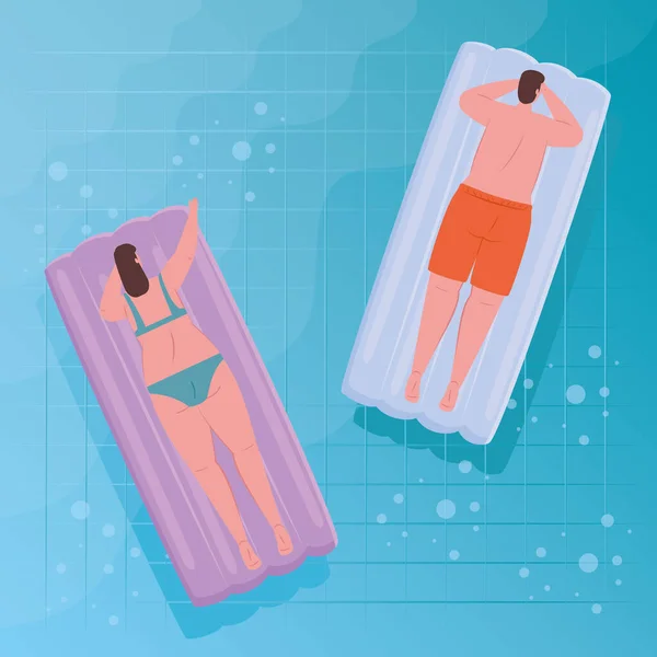 Pareja usando traje de baño, pareja flotante, relajante tomar el sol en inflable, en la piscina, temporada de vacaciones de verano — Vector de stock