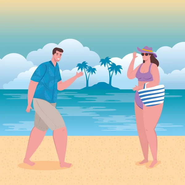 在海滩上的年轻夫妇，在海滩上的男人和他的女朋友，暑假 — 图库矢量图片