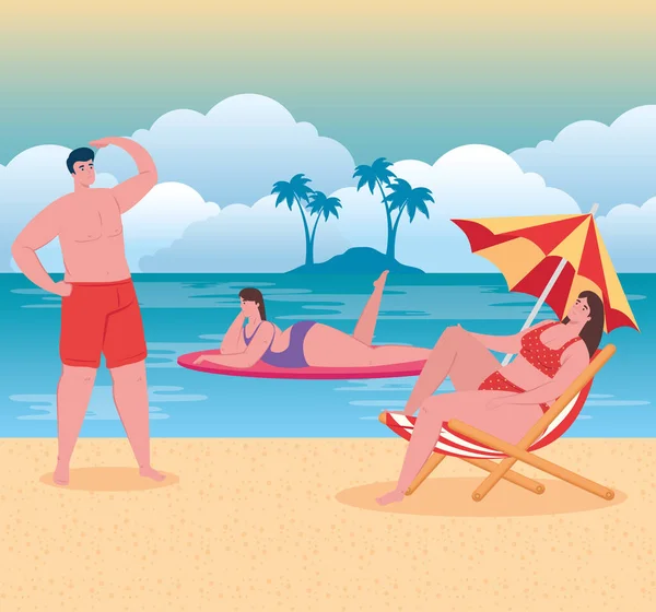 Playa con personas, hombres y mujeres en la playa, vacaciones de verano y el concepto de turismo — Vector de stock