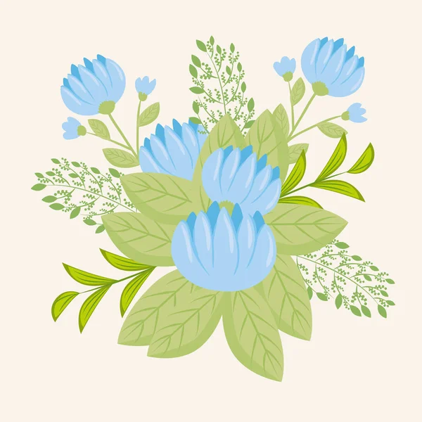 Flores color azul, ramas con hojas, decoración de la naturaleza — Vector de stock