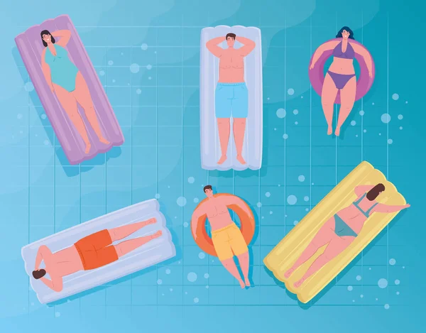 Personas que usan traje de baño, gente flotando, tomando el sol relajante en inflable, en la piscina, temporada de vacaciones de verano — Archivo Imágenes Vectoriales