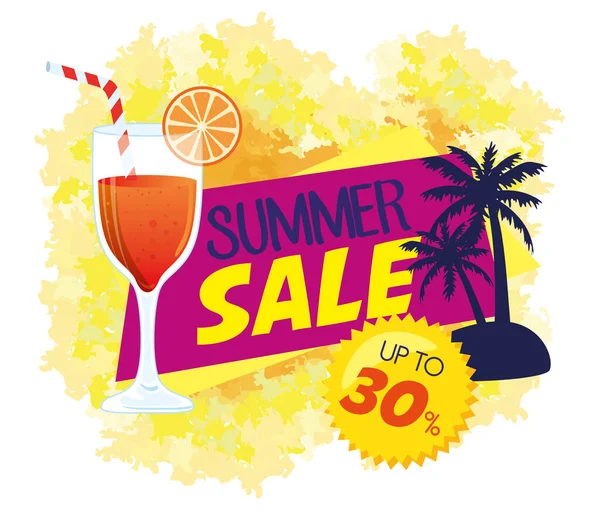 Banner de venta de verano, cartel de descuento de temporada con silueta de palmas, cóctel, invitación para ir de compras con venta de verano de hasta el treinta por ciento, tarjeta de oferta especial — Archivo Imágenes Vectoriales