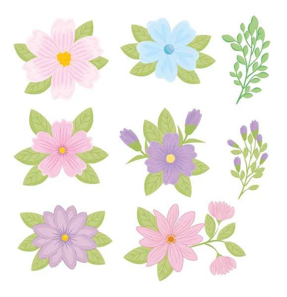 Blütenset in den Farben Pastell, blau, rosa, lila und Zweige mit Blättern — Stockvektor
