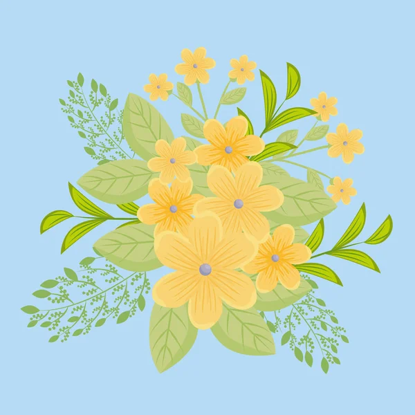 Flores color amarillo, ramas con hojas, decoración de la naturaleza — Vector de stock