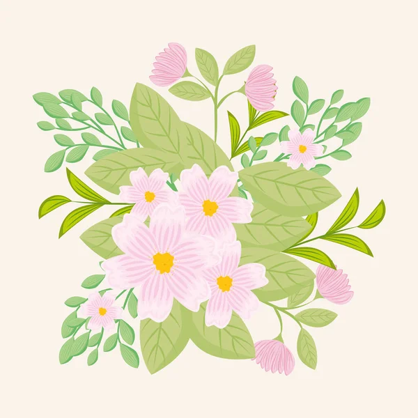 Flores cor-de-rosa, ramos com folhas, decoração da natureza — Vetor de Stock