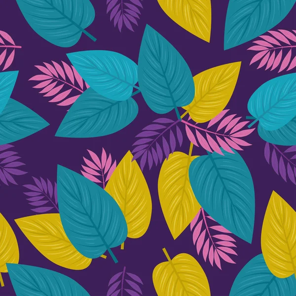 热带背景，叶为紫色、粉红色和绿色，装饰有热带叶子 — 图库矢量图片