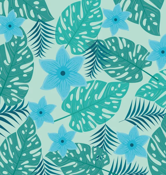 Fond tropical, fleurs de couleur bleue et plantes tropicales, décoration avec fleurs et feuilles tropicales — Image vectorielle