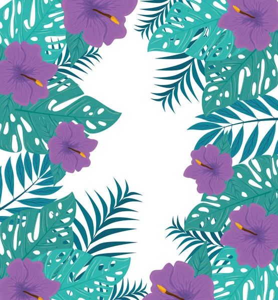 Tropische achtergrond met bloemen paarse kleur en tropische planten, decoratie met bloemen en tropische bladeren — Stockvector