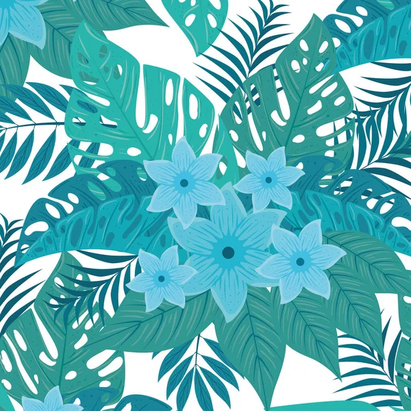 Tropikalne tło, kwiaty niebieski kolor i tropikalne rośliny, dekoracje z kwiatów i liści tropikalnych — Wektor stockowy