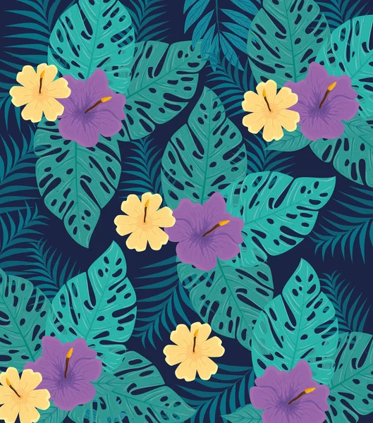 Tropické pozadí, květy fialové a žluté barvy s tropickými rostlinami, dekorace s květinami a tropickými listy — Stockový vektor