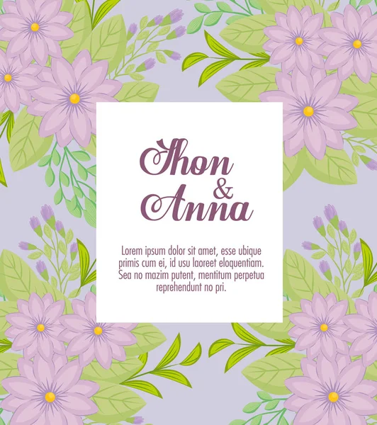 greeting card with flowers purple color, wedding invitation with flowers purple color with branches and leaves decoration