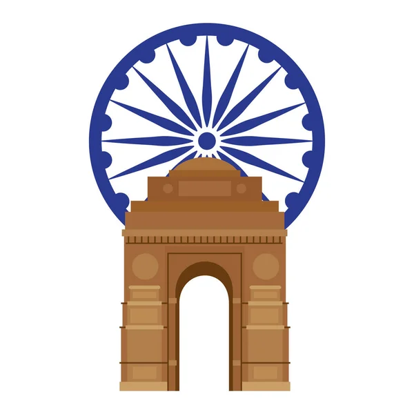 India gate, famous monument with blue ashoka wheel indian — Stock Vector