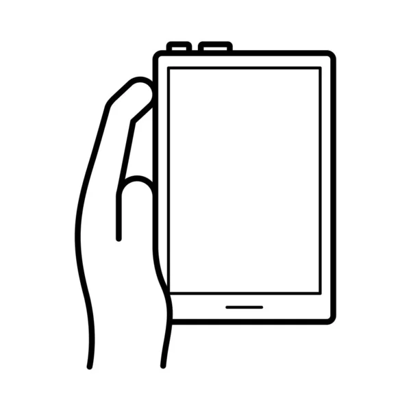 Mano usando el icono de estilo de línea de dispositivo smartphone — Archivo Imágenes Vectoriales