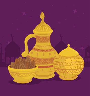 Kurban bayramı kutlaması kartı, altın kavanoz ve yemek.