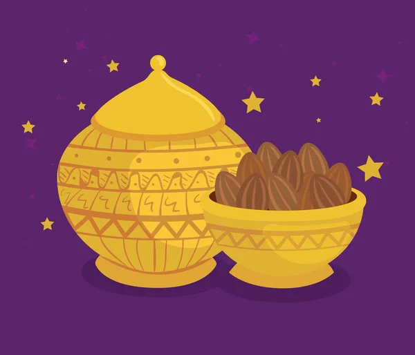 Kartu perayaan eid al adha dengan mangkuk emas dan makanan - Stok Vektor