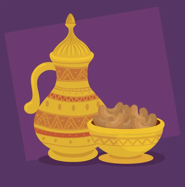 Eid al adha cartão de celebração com conjunto de jarro de ouro e comida — Vetor de Stock