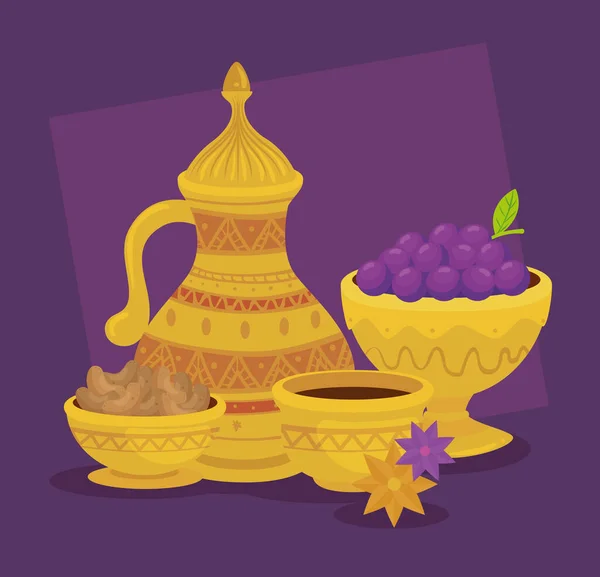 Tarjeta de celebración eid al adha con conjunto de tarro de oro y uvas — Vector de stock