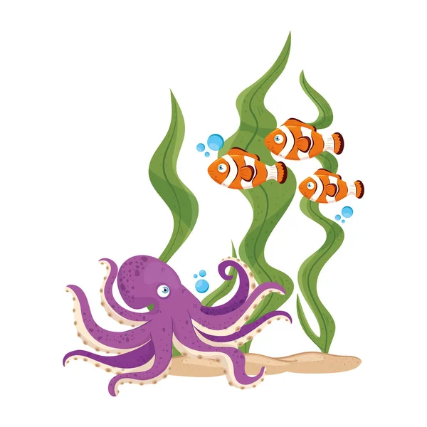 Onderwaterleven, vissen en octopussen met zeewier op witte achtergrond — Stockvector