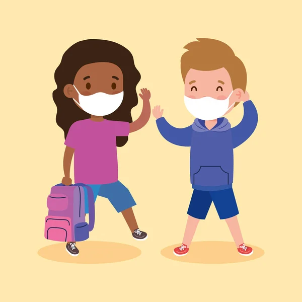 Crianças bonitos vestindo máscara médica para evitar coronavírus covid 19 com saco escolar, pequenos alunos vestindo máscara médica protetora —  Vetores de Stock