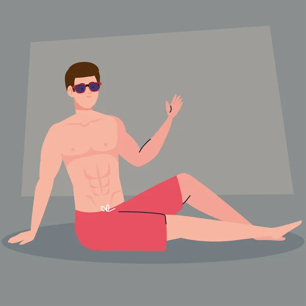 Homme en short, homme heureux en maillot de bain assis sur le sol — Image vectorielle