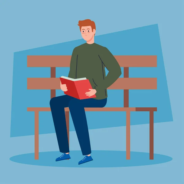 Man reading book, sitting in park chair — Stock Vector