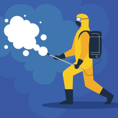 Koruyucu giysili kişi, temizlik ve dezenfekte virüsüne sprey sıkarak, covid 19 hastalığı, önleyici önlem