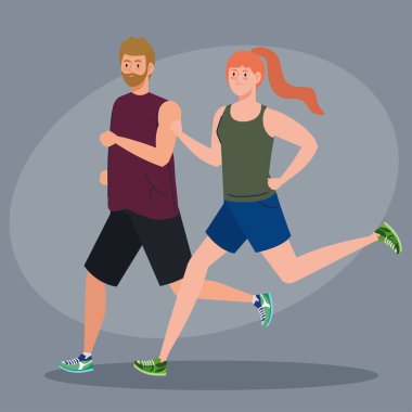 Çift maratoncu sportif, erkek ve kadın koşu müsabakası veya maraton yarış posteri, sağlıklı yaşam tarzı ve spor