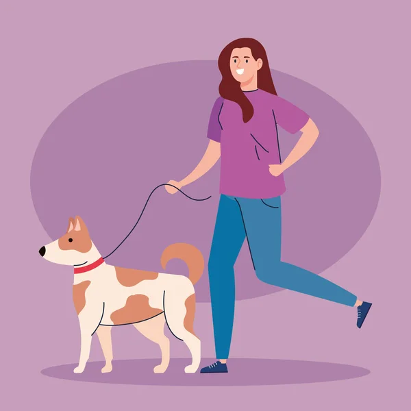 Mujer caminando con perro de compañía en la correa, mujer con mascota de perro — Vector de stock
