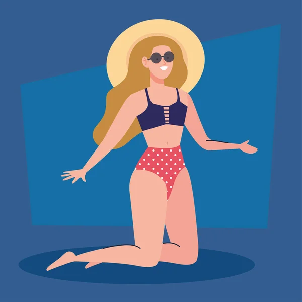 Femme avec maillot de bain utilisant chapeau été, vacances saison — Image vectorielle