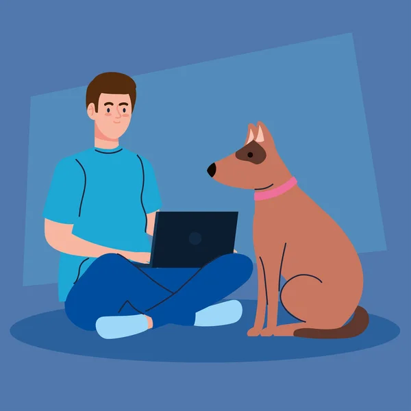 Man sitting using laptop computer with dog pet — Stock Vector
