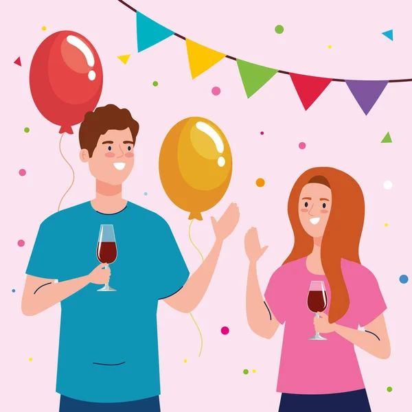 Feliz pareja, mujer y hombre celebrando fiesta con guirnaldas y globos decoración de helio — Vector de stock
