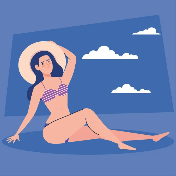 Mujer con traje de baño con sombrero de verano, vacaciones de vacaciones temporada — Vector de stock