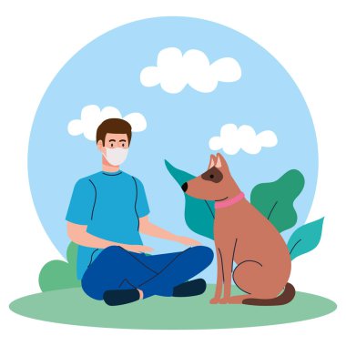 Coronavirus covid 19 'a karşı tıbbi maske takan evcil köpekli bir adam.