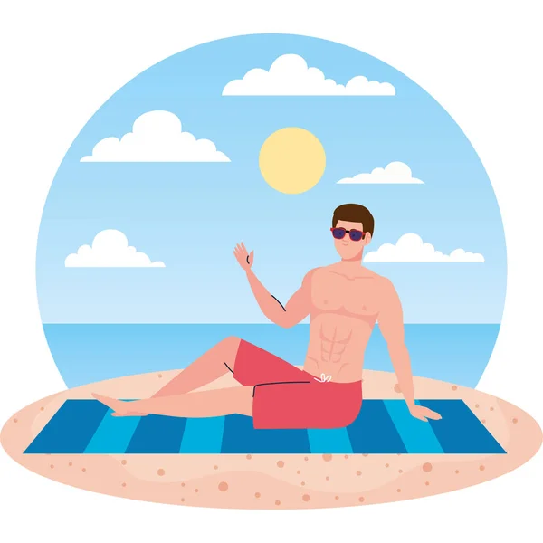 Hombre acostado bronceándose en la playa, temporada de vacaciones de verano — Vector de stock