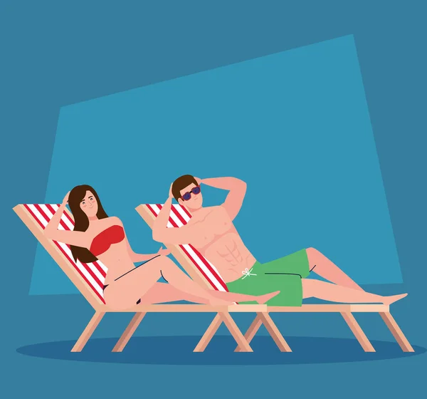 Pareja tumbada en sillas de playa, temporada de vacaciones de verano — Vector de stock