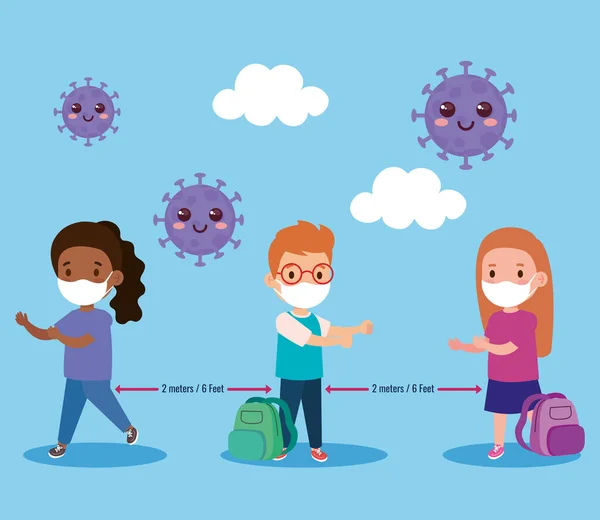 Volver a la escuela para el nuevo concepto de estilo de vida normal, los niños con máscara médica y distanciamiento social proteger coronavirus covid 19 — Archivo Imágenes Vectoriales