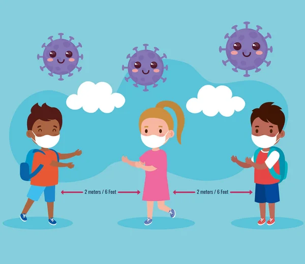 Zurück zur Schule für ein neues normales Lebensstilkonzept, Kinder mit medizinischer Maske und sozialer Distanzierung schützen Coronavirus covid 19 — Stockvektor