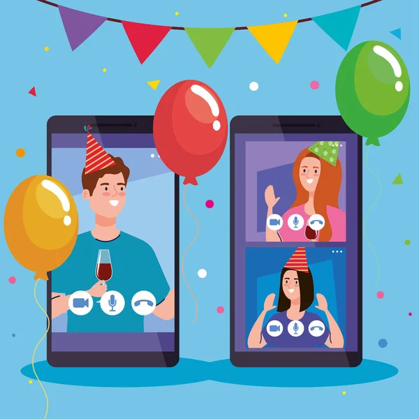 Онлайн-вечірка, зустріч друзів, люди проводять онлайн-вечірку разом у карантині, відеоконференція, вечірка веб камера онлайн свято — стоковий вектор
