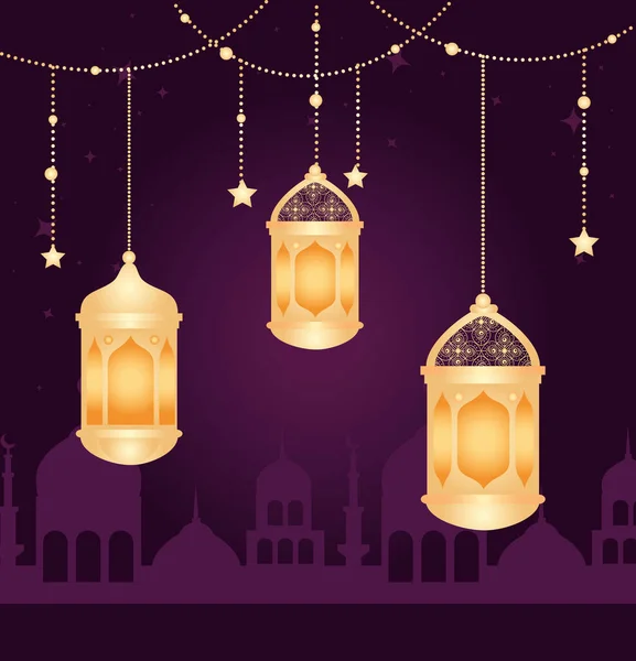 Eid al adha mubarak, festa de sacrifício feliz, com lanternas penduradas, silhueta arábia cidade e estrelas penduradas —  Vetores de Stock
