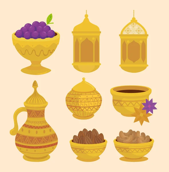 Eid al adha viering kaart met set gouden decoratieve pictogrammen — Stockvector