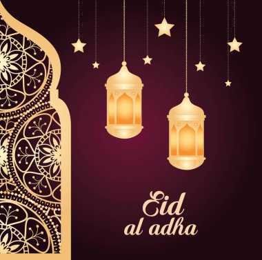 Kurban bayramı mübarek, mutlu kurban ziyafeti, Arap penceresi, fenerler asılı ve yıldızlar