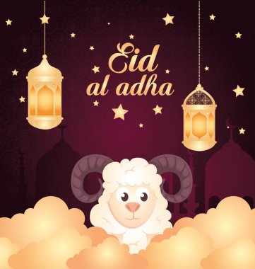 Müslümanlar bayramı bayramı kutlaması, kurbanlık koyunlu kart, bulutlu fenerler ve yıldız süslemeleri.