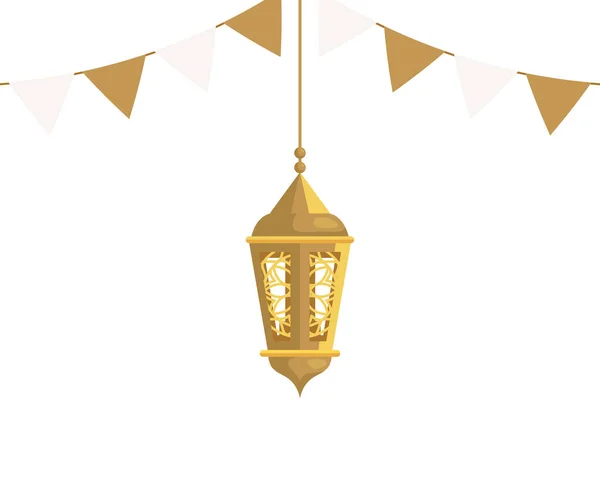 Рамадан Карем ліхтар, що висить з прикрасою гірлянди, золотий ліхтар, що висить на білому тлі — стоковий вектор