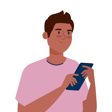 Beyaz arka planda akıllı telefon kullanan genç bir afro.